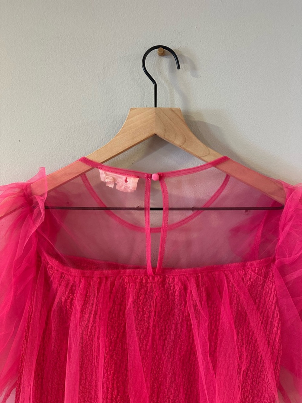 Anthropologie Hot Pink Tulle Babydoll Puff Sleeve Top - Picture 5 of 7